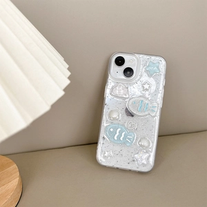 Detail of iPhone case with 3D sea fish, glitter foil, and pearl shell ornaments
