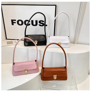 Four elegant crocodile texture shoulder bags in black, white, pink, and brown colors