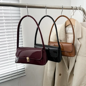 Vintage Shiny PU Patent Leather Baguette Underarm Bag For Women Retro Glossy Small Shoulder Handbag With Metal Buckle Closure
