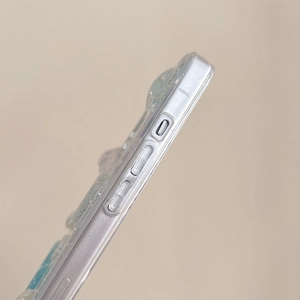 Detailed side view of iPhone case with silver foil glitter and precise button cutouts