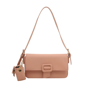 Pink minimalist baguette underarm bag with litchi texture and mini decorative pouch