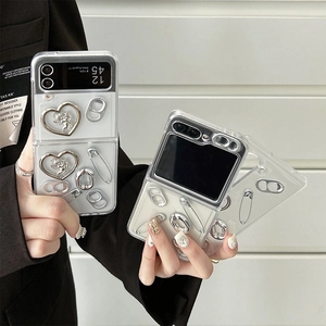 Y2K Industrial Style Phone Case For Samsung Galaxy Z Flip Fold PC Hard Shell Silver 3D Heart Angel Safety Pin Soda Tab