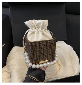 Detail of luxury bucket bag featuring large pearl handle and monogram print with chain