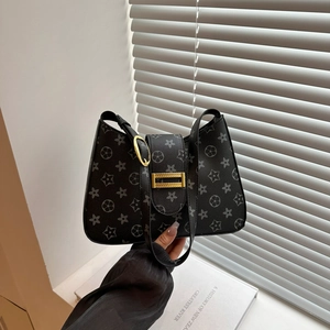 Chic black underarm shoulder bag with grey star patterns and golden buckle detail