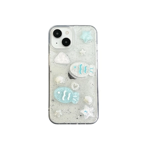Sparkling ocean shell phone case with glitter and 3D fish for iPhone 15 Pro Max