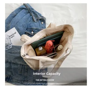 Internal capacity of the off-white canvas tote bag showing tablet and accessories