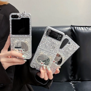 Sparkly bear mirror case for Samsung Z Flip 6 with rhinestones and a balloon dog charm