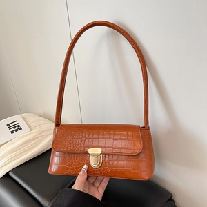 Brown crocodile pattern faux leather underarm bag with gold metal clasp for women