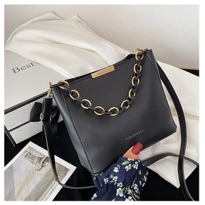 Chic black PU leather bucket bag with gold chain strap and elegant gift box display