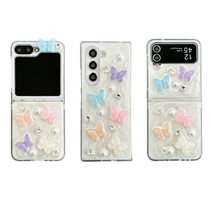 Colorful 3D butterfly phone case with pearls and rhinestones for Galaxy Z Flip series