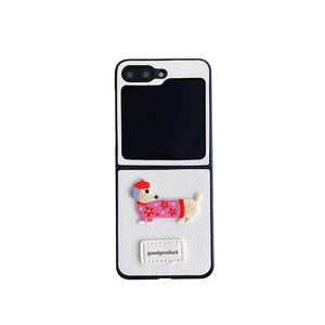 Cartoon puppy embroidery on white leather phone case for Samsung Z Flip 6 fold screen