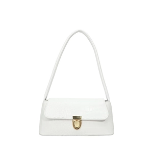 Minimalist white crocodile embossed underarm shoulder bag with golden metallic rotating lock