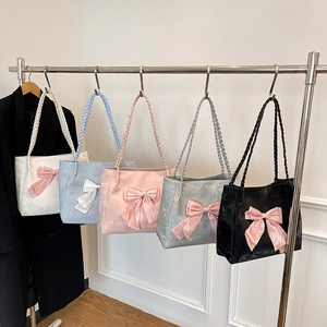 Women Large Capacity Tote Bag PU Leather Sweet Big Bow Shoulder Bag Braided Straps Commuter Trendy Handbag