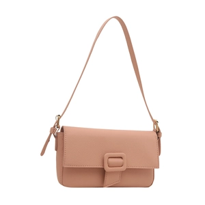 Nude pink baguette bag with lychee pattern and adjustable shoulder strap on white background