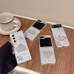 Silver sequin heart bear case for Samsung Galaxy Z Flip 6 with rhinestones and charms