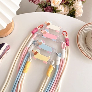 Cartoon dog phone lanyard crossbody thick woven strap set in pastel macaron colors