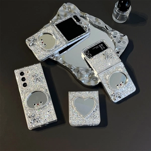 Sparkly rhinestone bear mirror case for Samsung Z Flip series with silver glitter finish