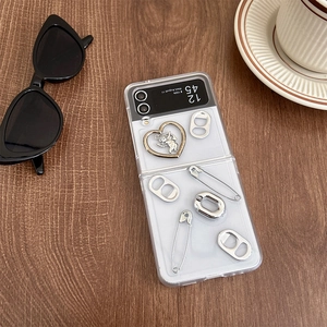 Industrial style clear case for Samsung Z Flip 6 with silver 3D heart and chain charms