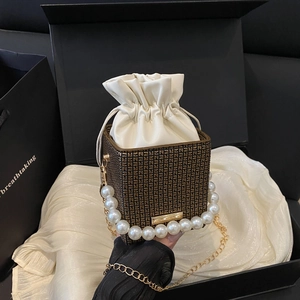 Vintage patterned box handbag with pearl handle and gold chain strap for women