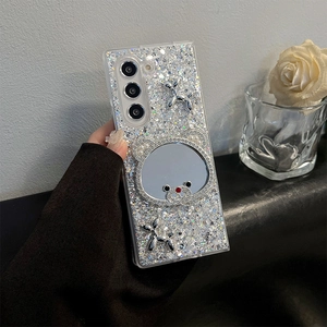 Close-up of glitter phone case with bear mirror and rhinestones for Samsung Galaxy