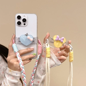 Adjustable phone back clip with heart charm and colorful braided crossbody strap