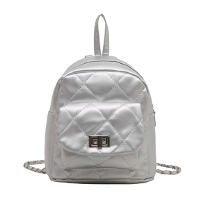 Chic silver quilted backpack with metallic finish and chain strap on white background