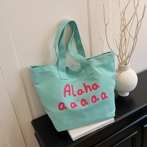 Large capacity mint green canvas tote bag with pink Aloha letter print for women shopping