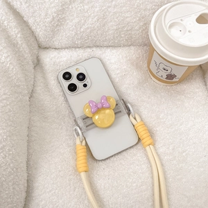 Yellow bow cartoon character phone back clip with adjustable cream woven lanyard strap