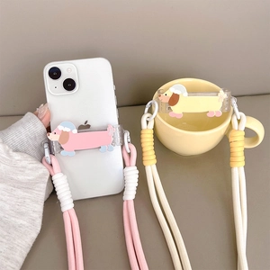 Detail of adjustable thick braided crossbody phone straps with cute cartoon puppy clips