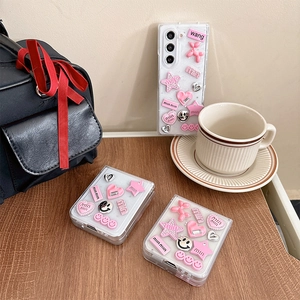 Pink heart and puppy DIY phone case for Samsung Galaxy Z Flip series on wooden desk