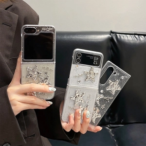 Coque transparente pailletée pour Samsung Galaxy Z Flip 6 avec étoiles argentées de luxe