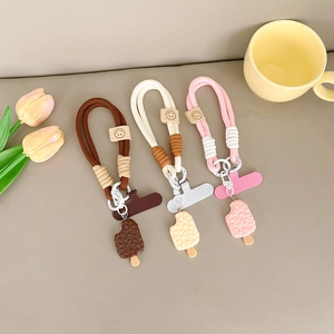 Thick braided phone wrist strap with cute popsicle charm and smiley leather tag
