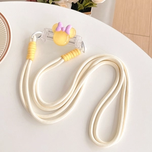 Detailed view of crossbody phone strap with Mickey-shaped bow clip and woven rope