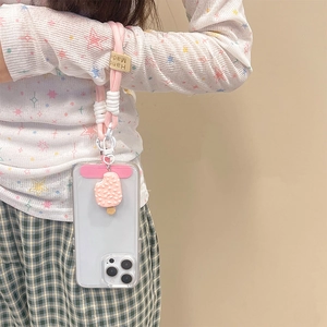 Pink braided phone wrist strap featuring a cute ice cream pendant and a wood label