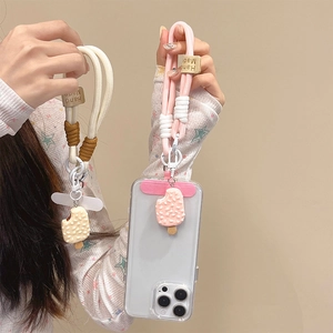 Thick braided phone lanyard with cute ice cream pendant and transparent case set