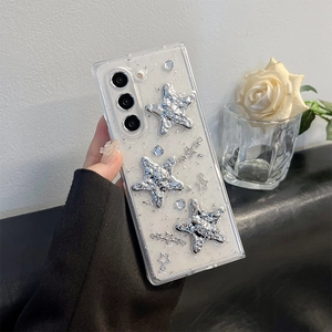 Coque transparente pailletée pour Samsung Z Flip 6 avec étoiles et charms en argent