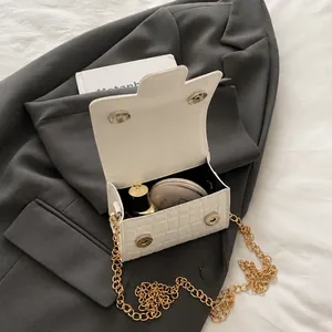 Internal view of a white mini stone pattern chain bag showing capacity for makeup