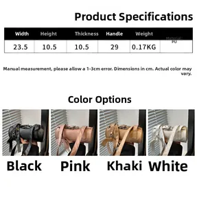 Size chart for cylindrical PU underarm bag with dimensions and weight in four colors
