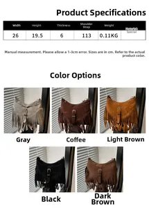 Detailed size chart and multi-color options for fringe tassel shoulder tote handbag