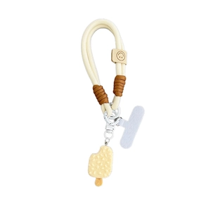 Thick beige woven phone lanyard with cute ice cream pendant and smiley leather tag