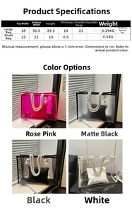 Detailed size chart and dimensions for the transparent summer beach tote bag set