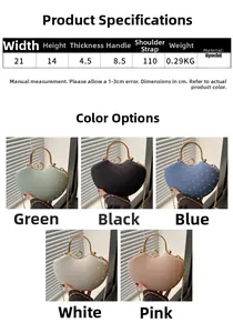 Detailed size chart and five color variants of the fan-shaped chain handbag with gold handle