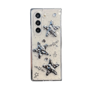 Coque transparente pailletée pour Samsung Z Flip 6 avec étoiles de mer 3D argentées et feuilles