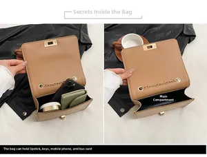 Light brown chain bag with interior view showing capacity for phone and essentials