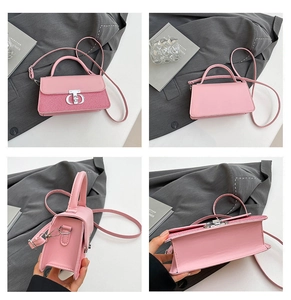 Detail shots of pink leather crossbody bag with glitter panel and silver D-buckle