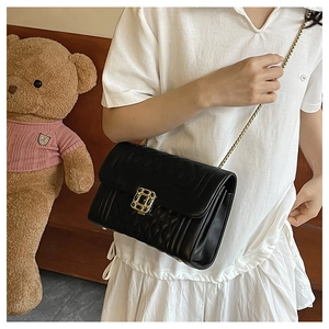 Detail of black leather bag featuring retro gold square buckle and chain shoulder strap