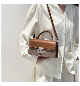 Detail of elegant two-tone crossbody bag with silver interlocking ring buckle and leather strap