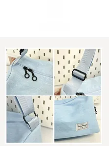 Détails du sac en toile bleu clair avec doubles fermetures éclair et boucles de sangle réglables