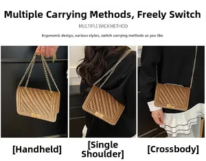 Brown velvet chain bag showing three ways to wear: handheld, shoulder, and crossbody style