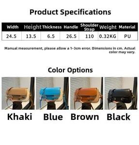 Detailed size specifications and four-color display of the retro PU leather flap shoulder bag